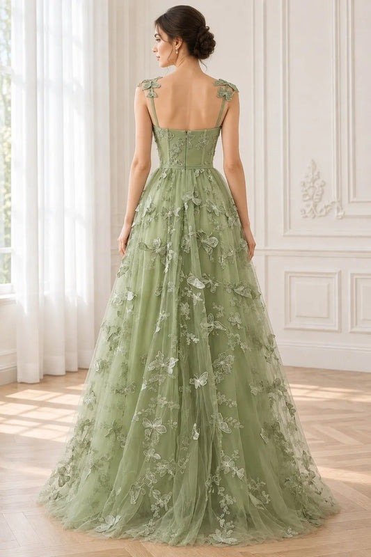 Sage Green 3D Butterfly Lace A-Line Prom Dress with Embellished Straps