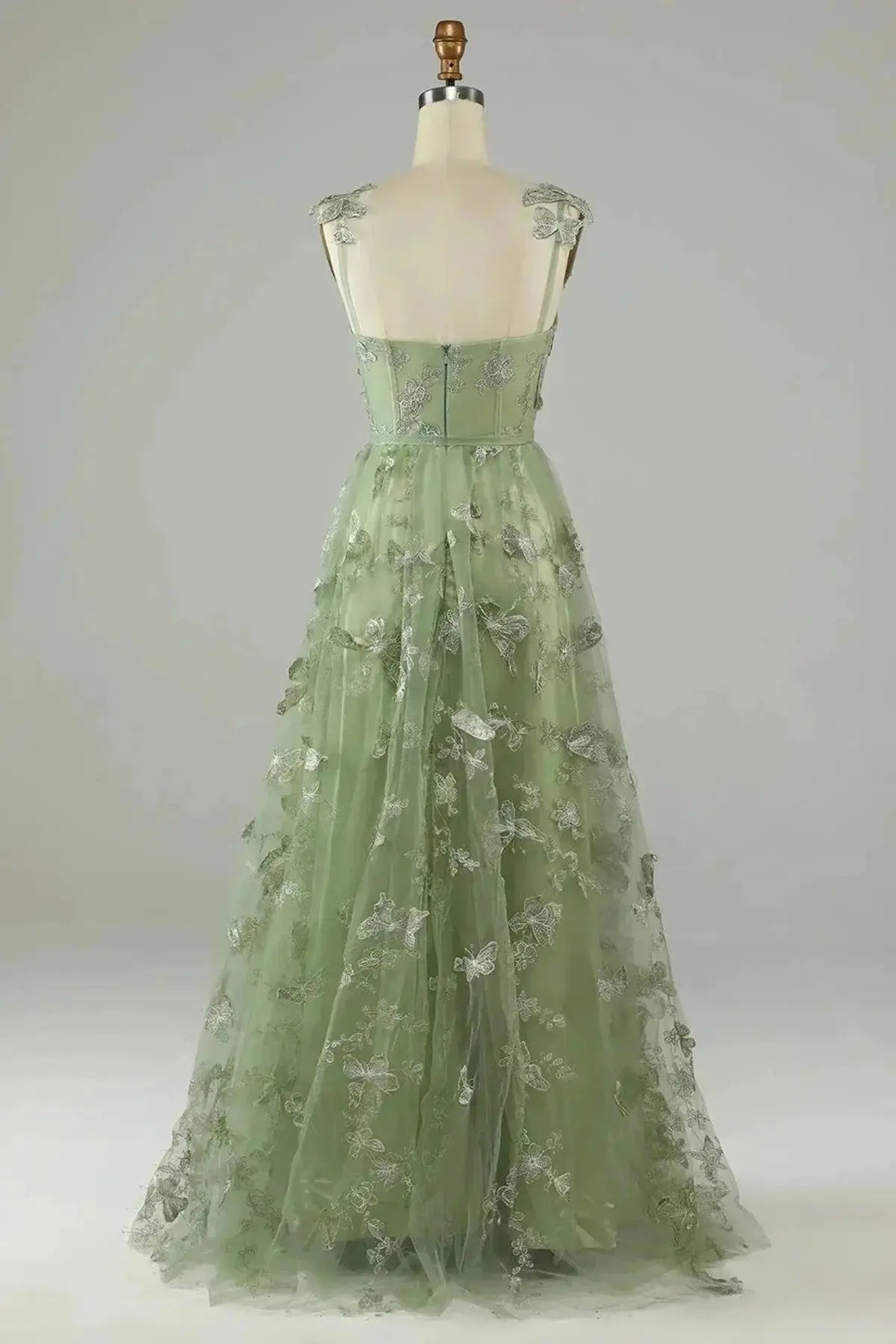 Sage Green 3D Butterfly Lace A-Line Prom Dress with Embellished Straps