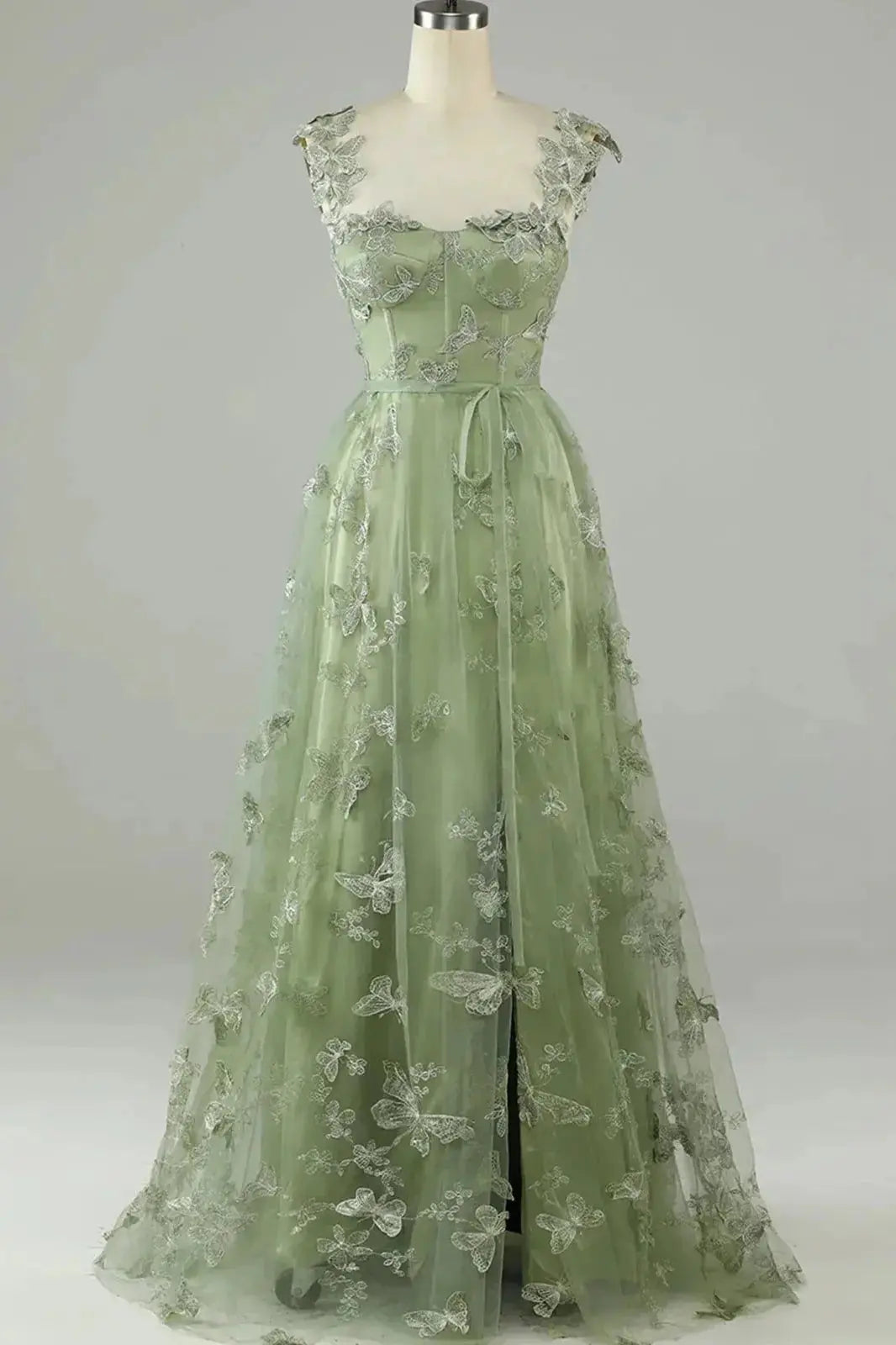 Sage Green 3D Butterfly Lace A-Line Prom Dress with Embellished Straps