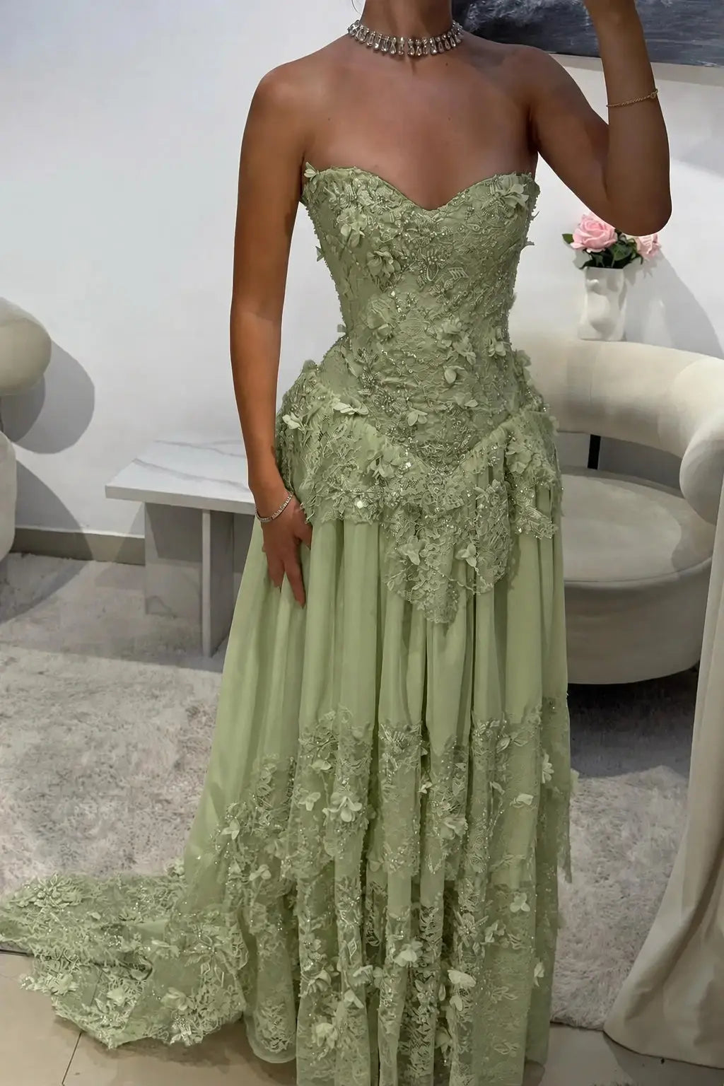Dreamy Yellow 3D Floral Applique Sweetheart Corset Prom Dress