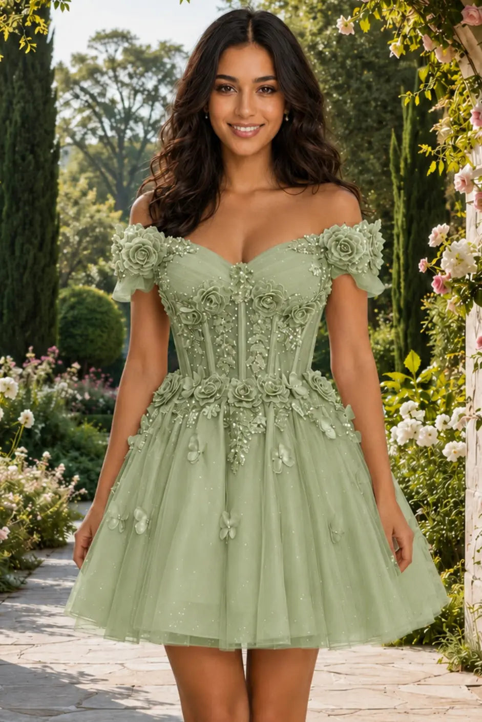A-line Off-the-Shoulder Tulle Short/Mini Homecoming Dress with Appliqued Flowers Sequins KAIDRESS