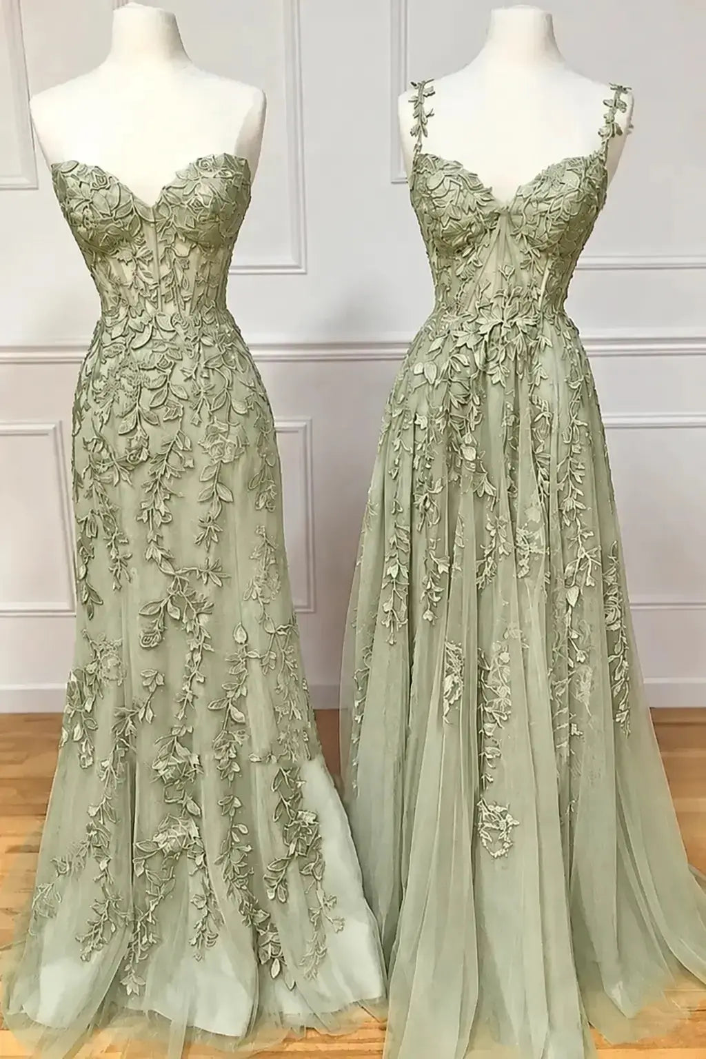 A-line Sweetheart Spaghetti Straps Sweep Train Lace Prom Dress With Beading Kaidress