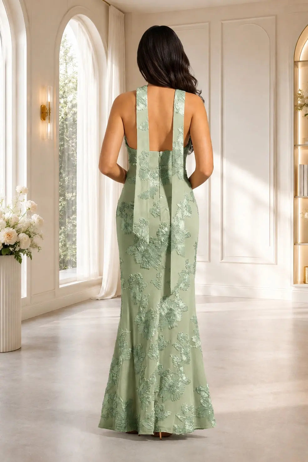 Sage Green Halter Floral Lace Sheath Floor-Length Prom Evening Gown KAIDRESS