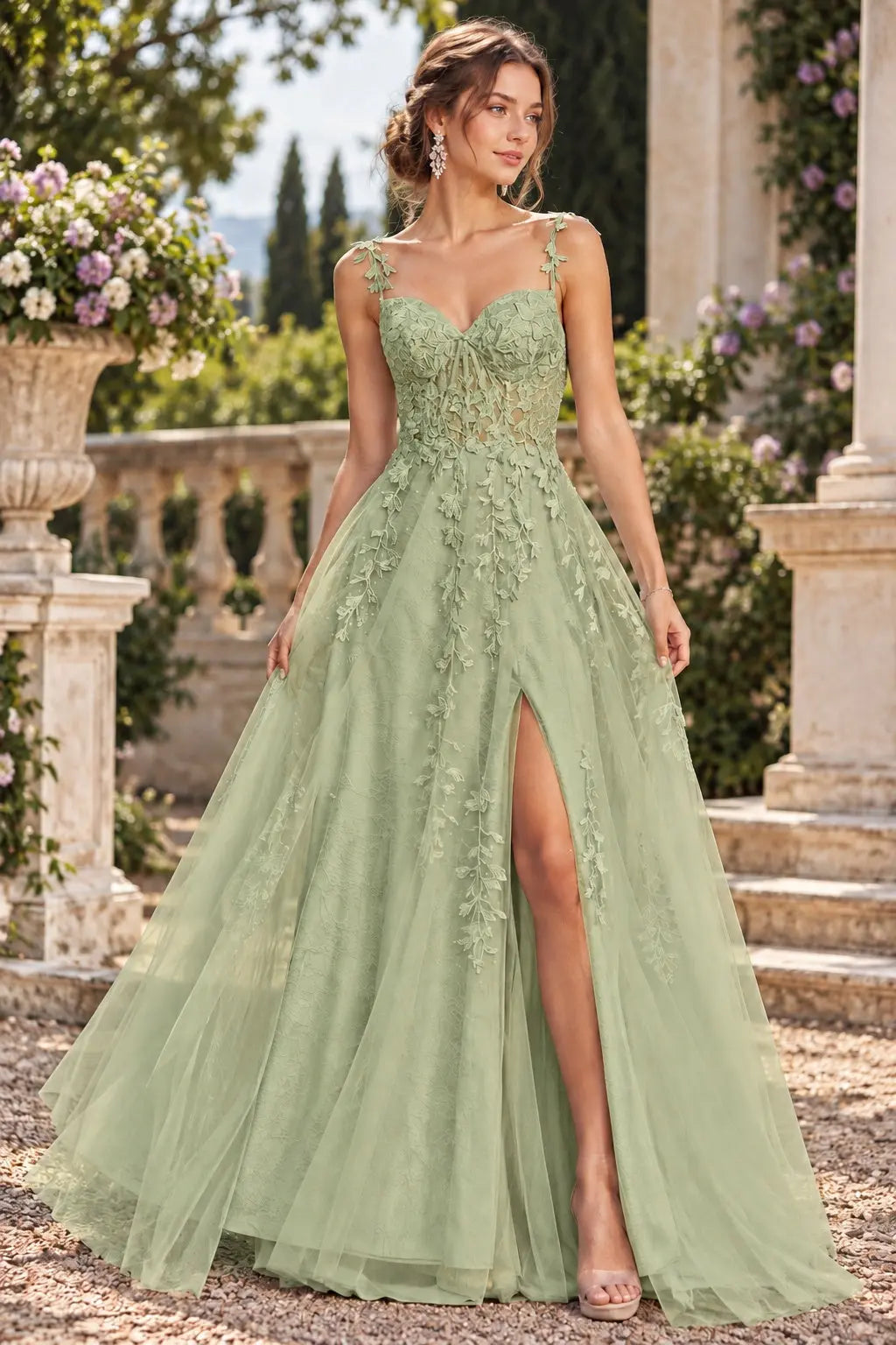 A-line V Neck Sweep Spaghetti Straps Train Tulle Prom Dress with Appliqued Beading