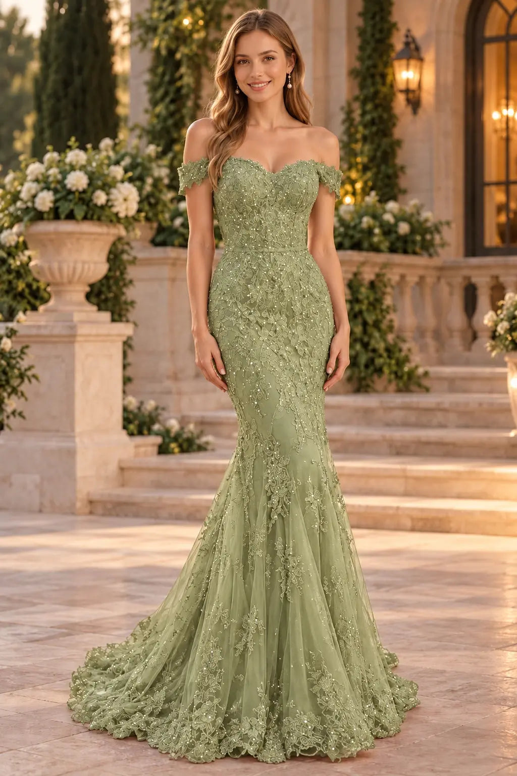 Lace Long/Floor-Length Trumpet/Mermaid Sleeveless Off-The-Shoulder Zipper Prom Dresses With Appliqued Beaded