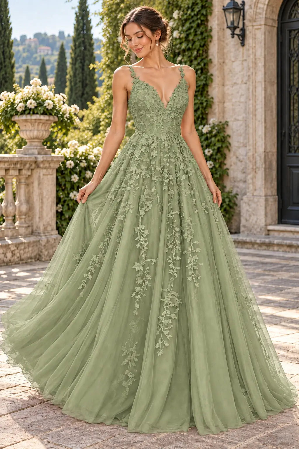 A-Line Lace Prom Dresses Long V Neck Sleeveless Formal Maxi Dress
