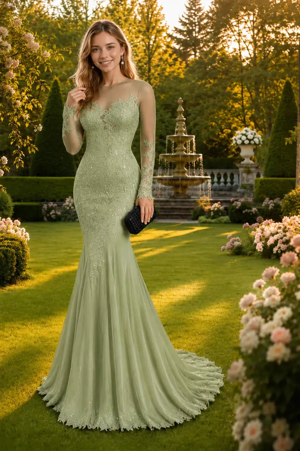 Trumpet/Mermaid Long Sleeves Sheer Neck Sweep/Brush Train Applique Prom Dresses KAIDRESS