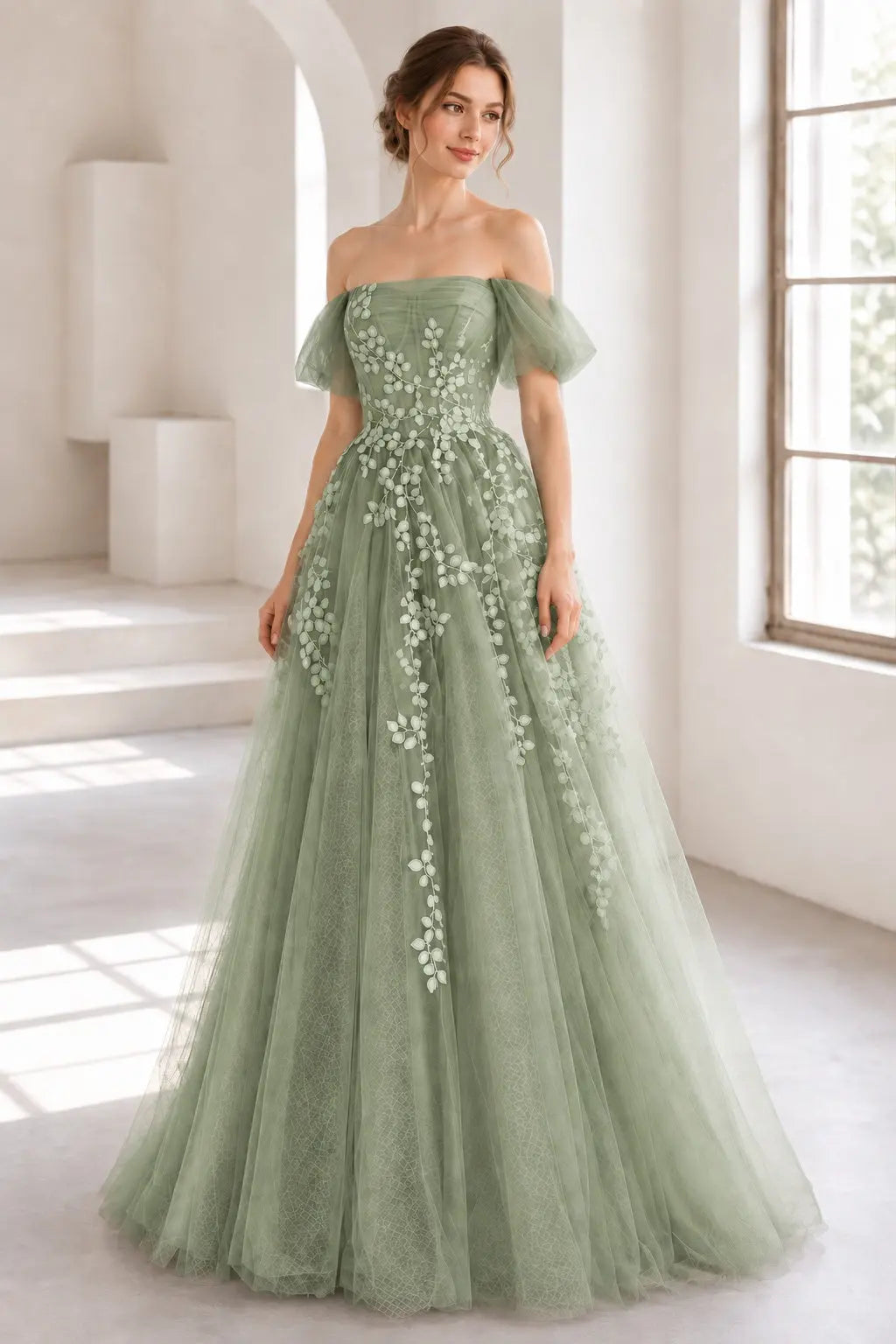 A-Line Tulle Lace Long Prom Dress Off the Shoulder Formal Evening Dress