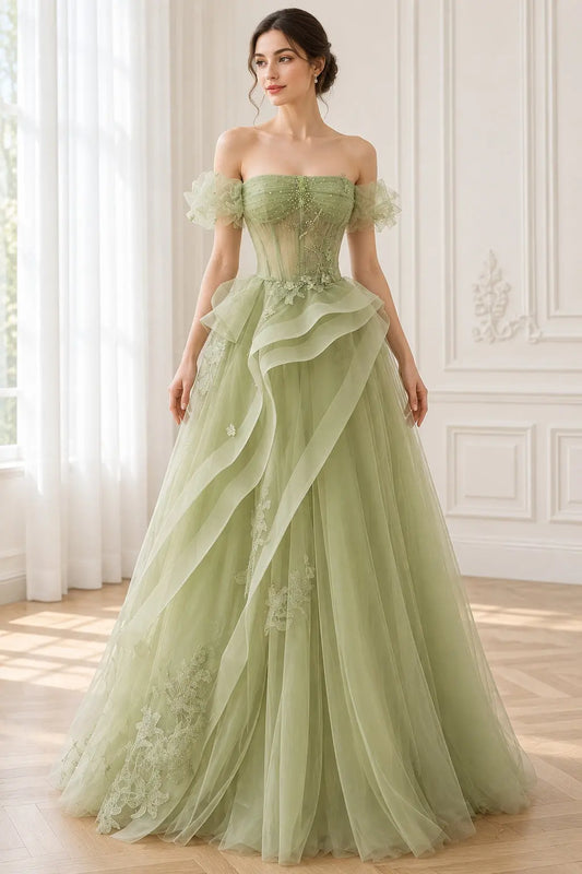 Sage Green Off-Shoulder Tulle Lace A-Line Prom Dress with Lace-Up Back