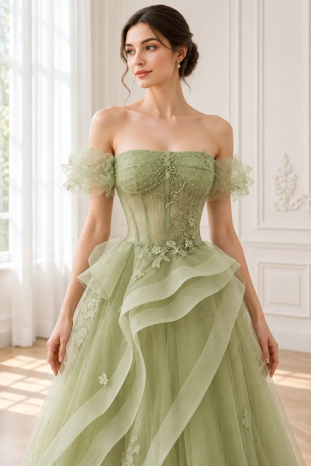 Sage Green Off-Shoulder Tulle Lace A-Line Prom Dress with Lace-Up Back