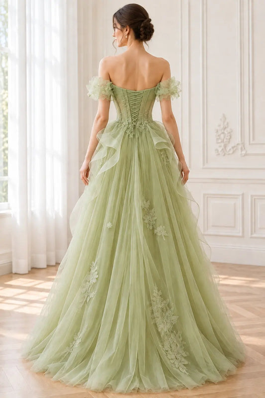 Sage Green Off-Shoulder Tulle Lace A-Line Prom Dress with Lace-Up Back