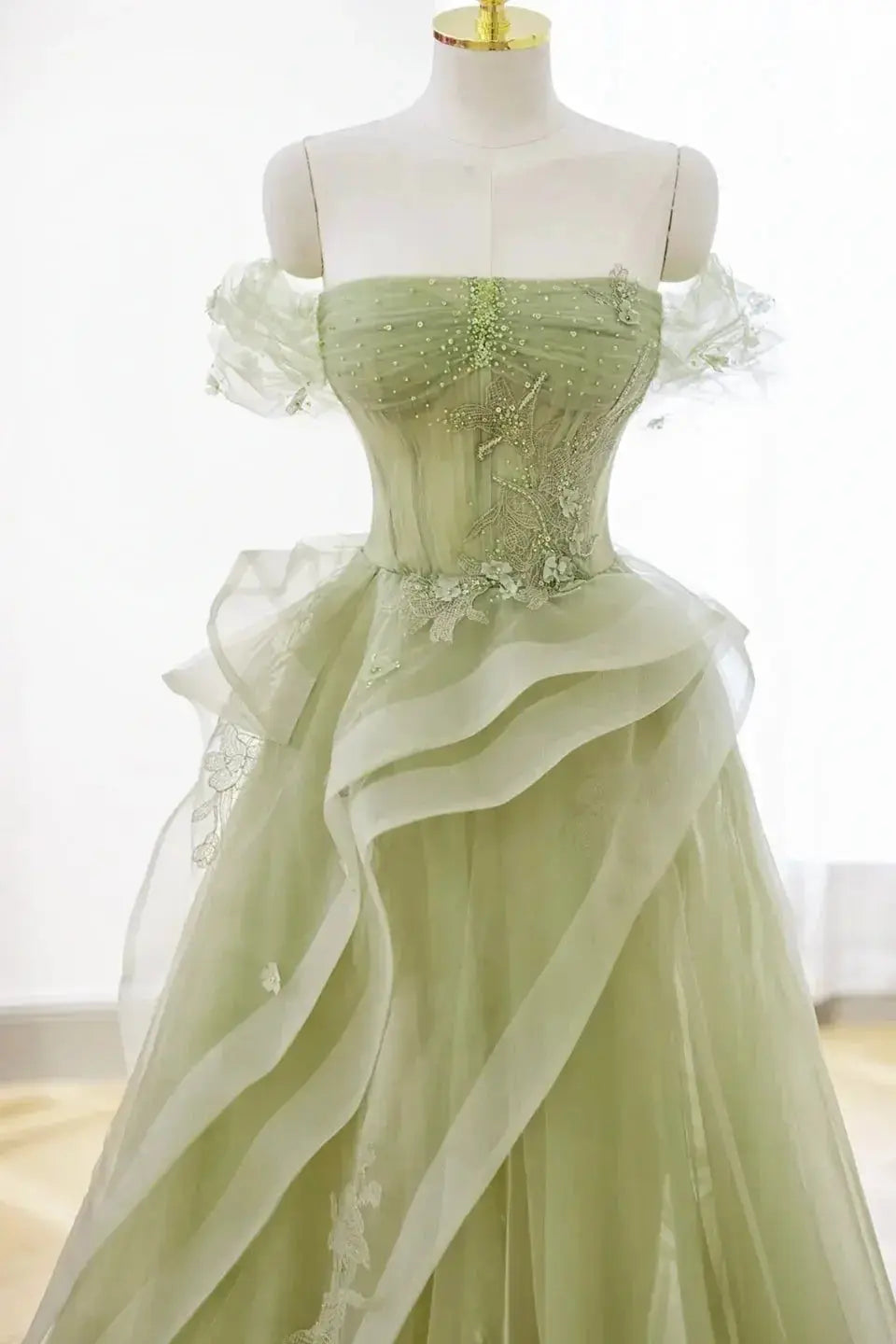 Sage Green Off-Shoulder Tulle Lace A-Line Prom Dress with Lace-Up Back