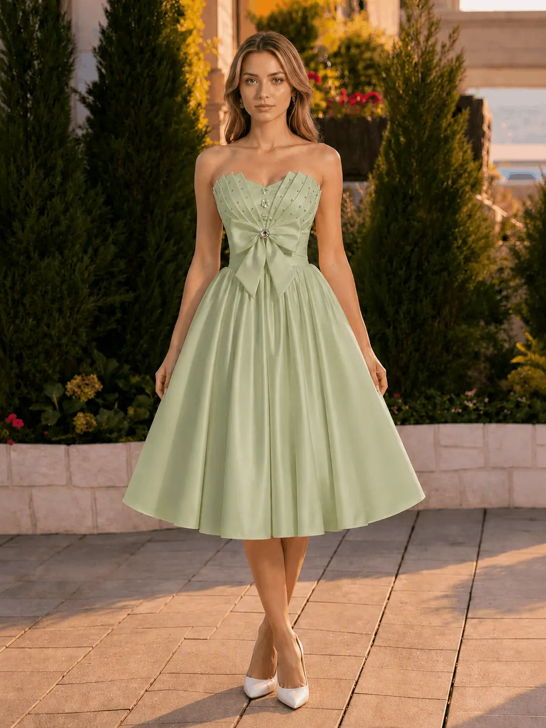 A-line Sweetheart Sleeveless Knee-Length Satin Homecoming Dress with Bow KAIDRESS