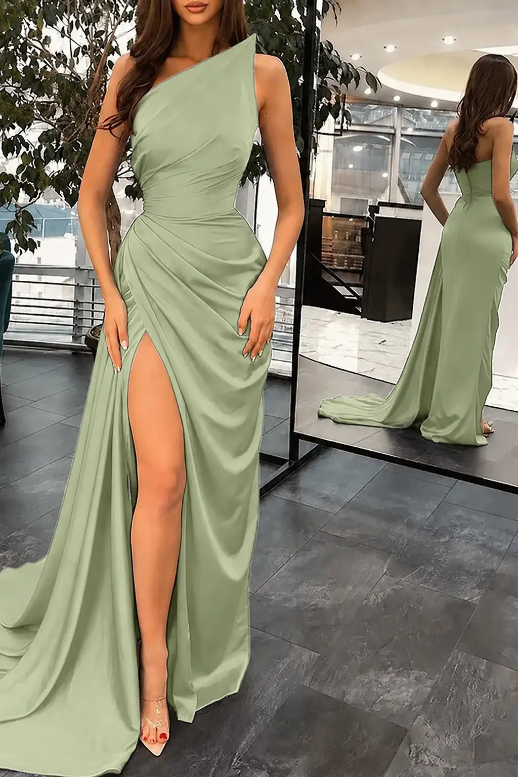 Trumpet/Mermaid Sleeveless Court Train Silk like Satin Prom Dresses with Ruffles Split KAIDRESS