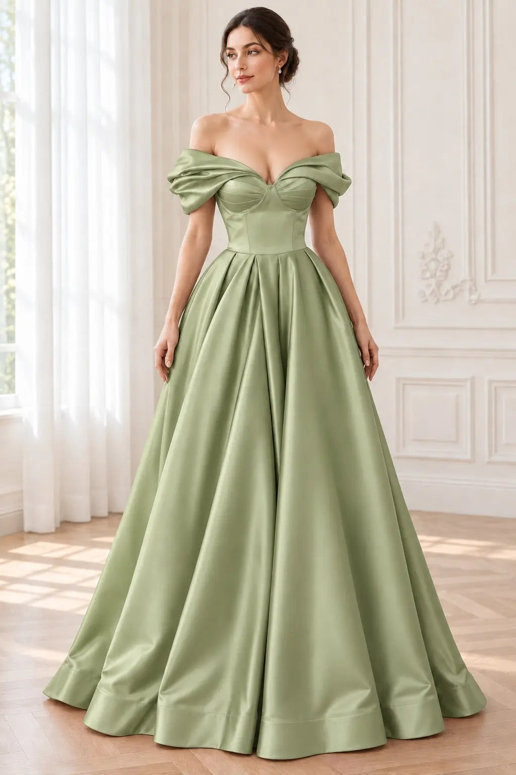 A-line Off-the-Shoulder Short Sleeve Satin Long/Floor-Length Prom Dresses With Ruffles Split