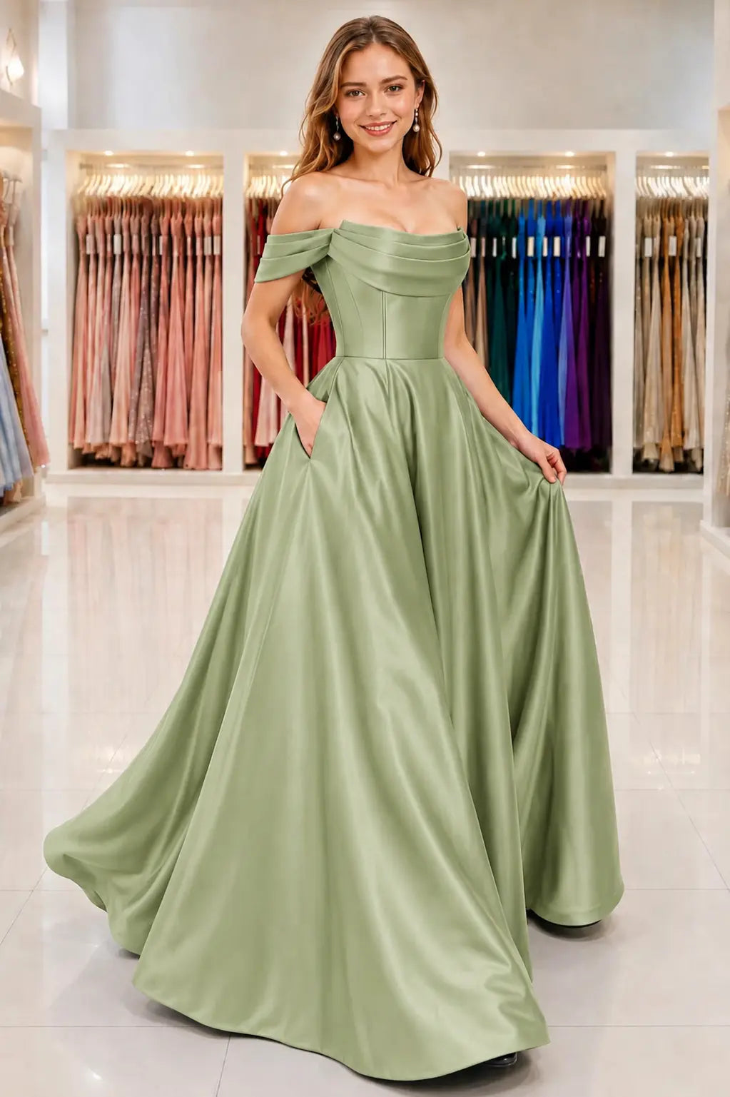 A-Line Satin Long Prom Dress, Simple Off the Shoulder Evening Party Dress With Pockets KAIDRESS