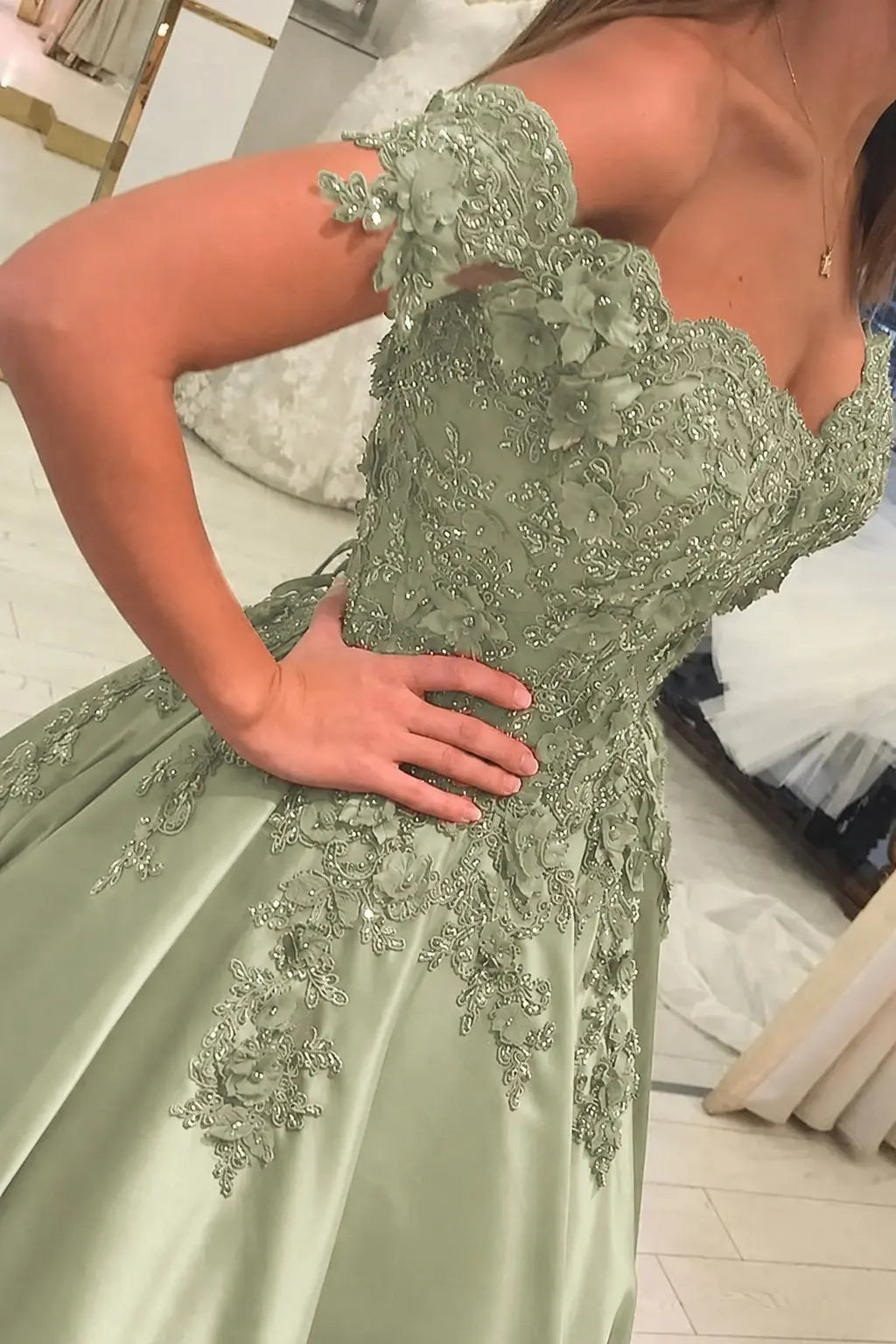 Appliqued Off-The-Shoulder Satin Princess Prom Dress With Beads