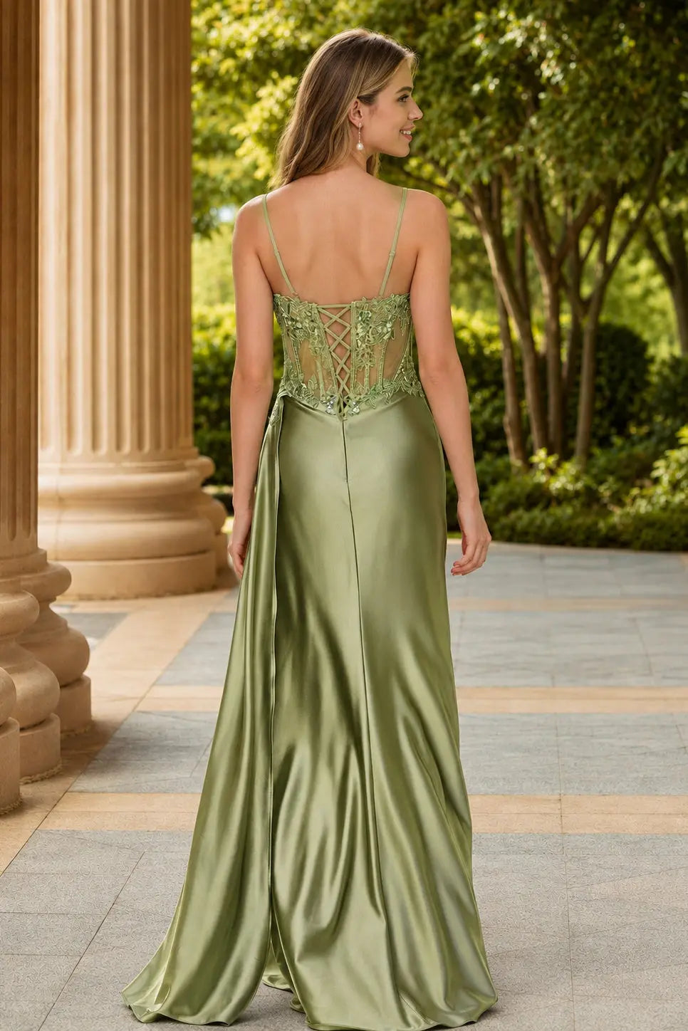 Sage Green Satin Spaghetti Strap Prom Dress Lace Corset Slit Gown