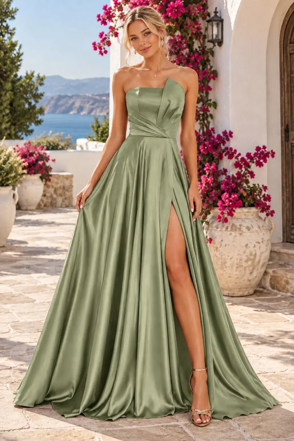 A-line Satin Formal Long Simple Sleeveless Prom Dresses with Slit