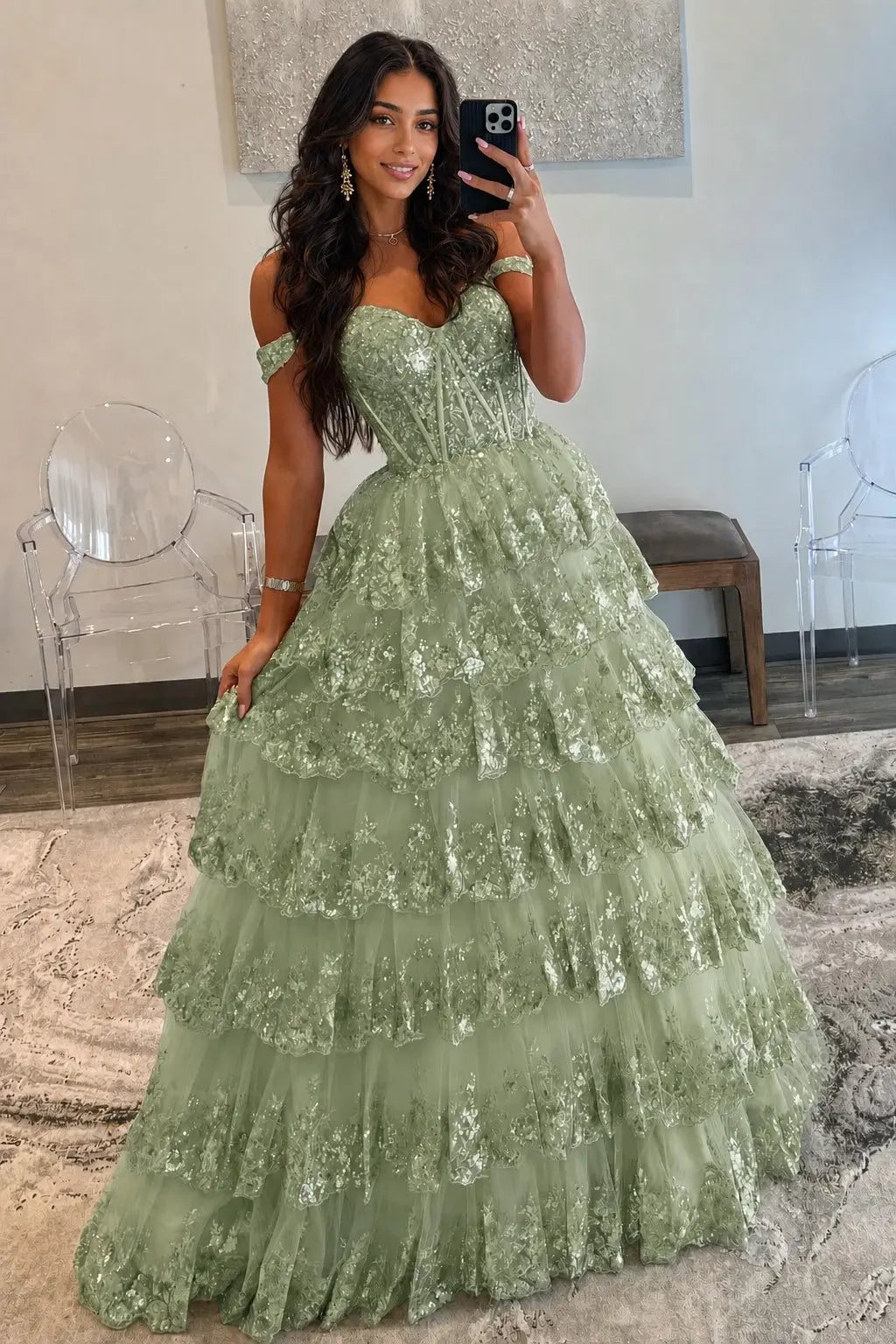A-Line/Princess Princess Off the Shoulder Sequined Lace Prom Dress KAIDRESS