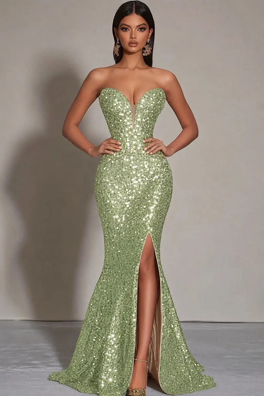 Sparkly Gold Sequins Mermaid Strapless Long Formal Dress with Slit Kaidress