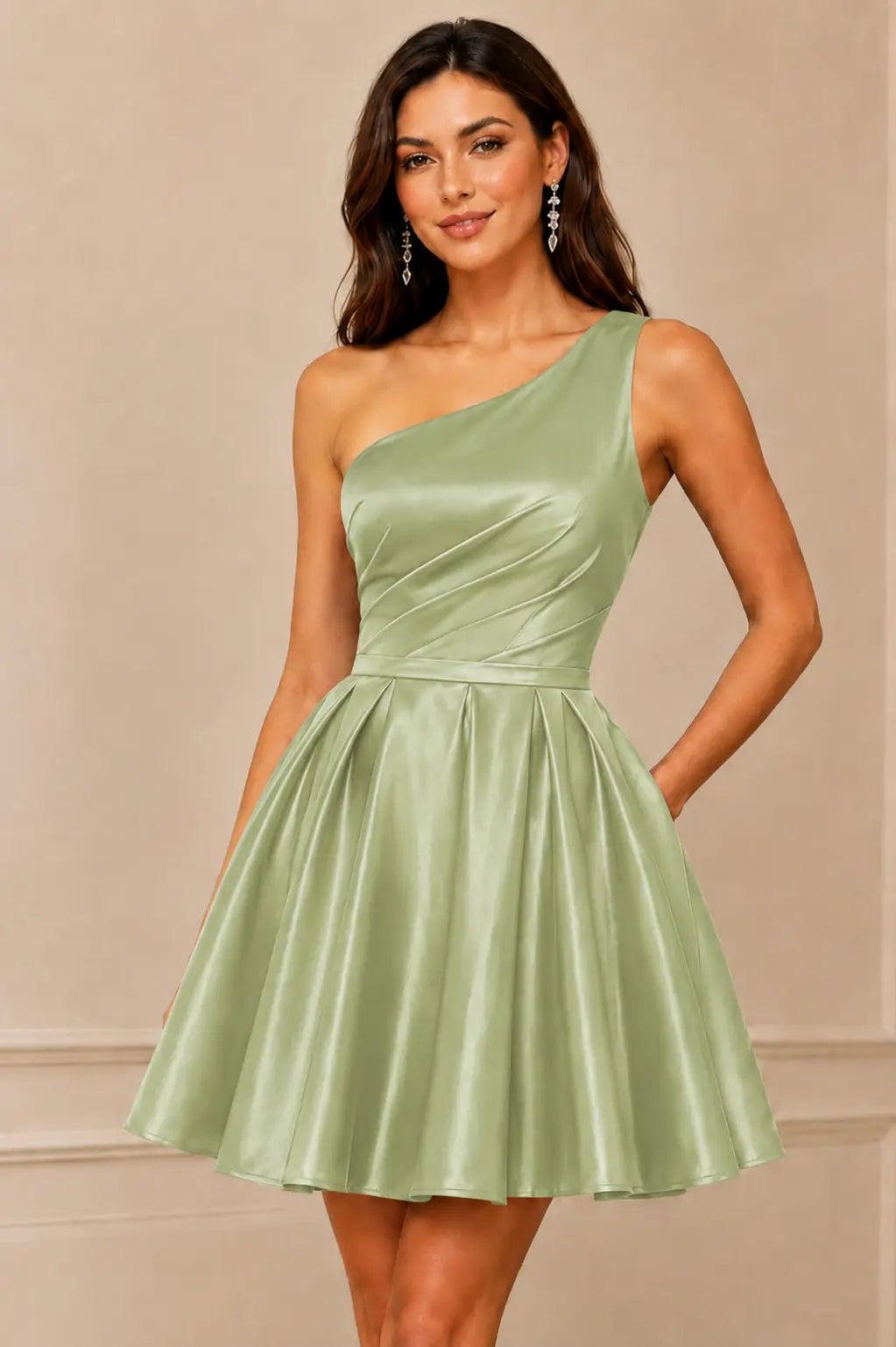 Green One Shoulder Satin Mini A Line Homecoming Dress With Pockets KAIDRESS