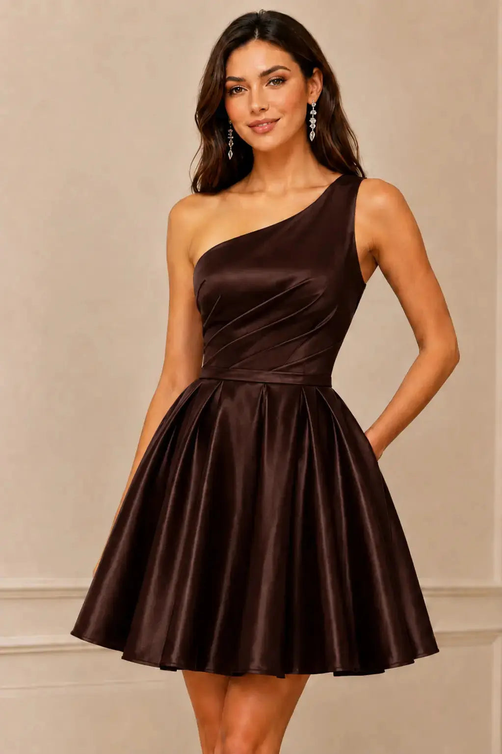 Green One Shoulder Satin Mini A Line Homecoming Dress With Pockets KAIDRESS