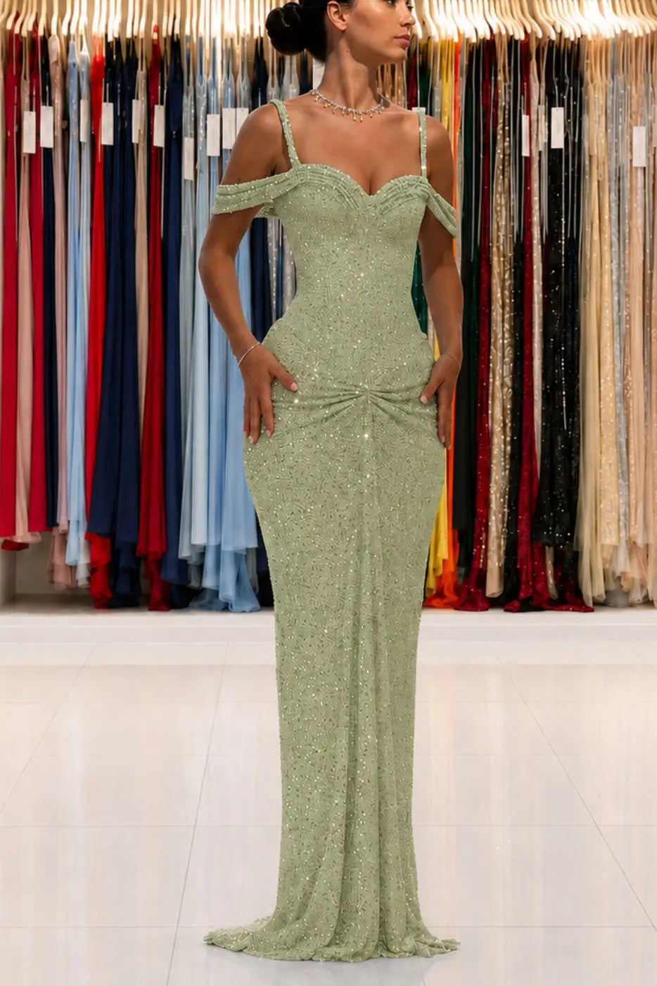 Luxury Sparkly Lace Off-Shoulder Long Beaded Prom Gown with Slender Straps KAIDRESS