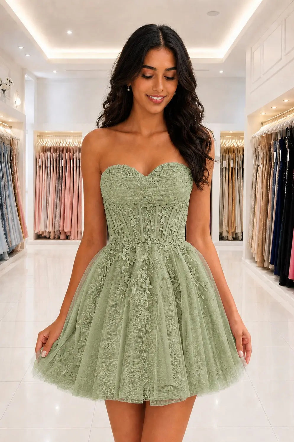 Strapless Beaded Lace Corset A-Line Mini Homecoming Dress KAIDRESS