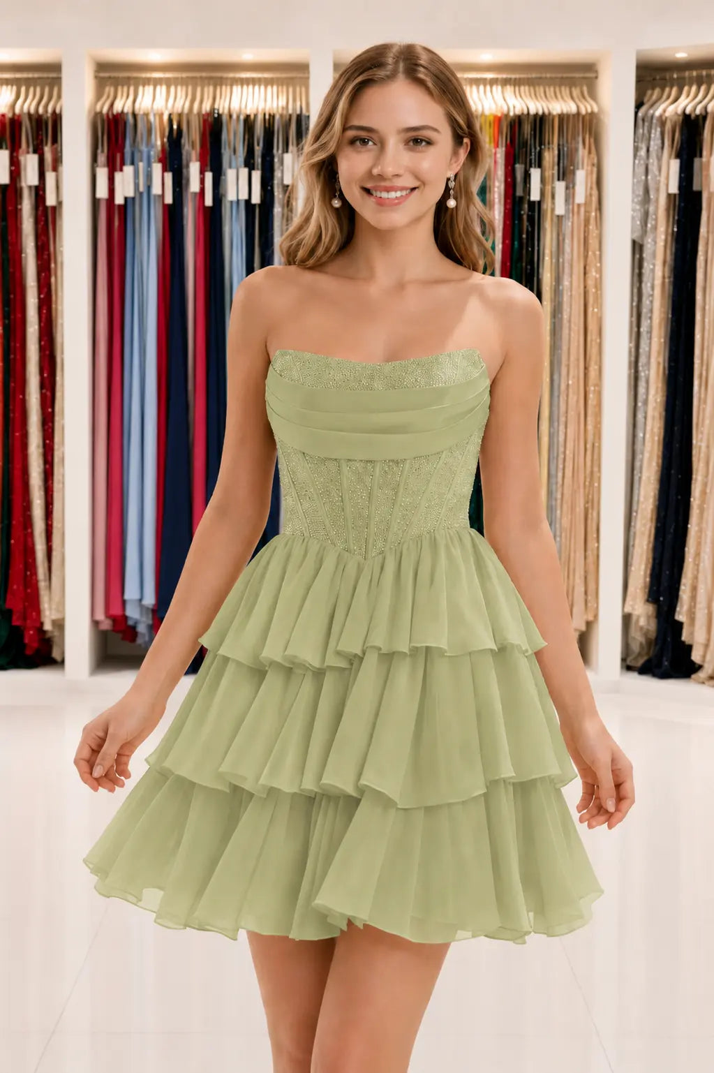 Daffodil Strapless Corset Tiered Ruffle Mini Homecoming Dress With Beading KAIDRESS