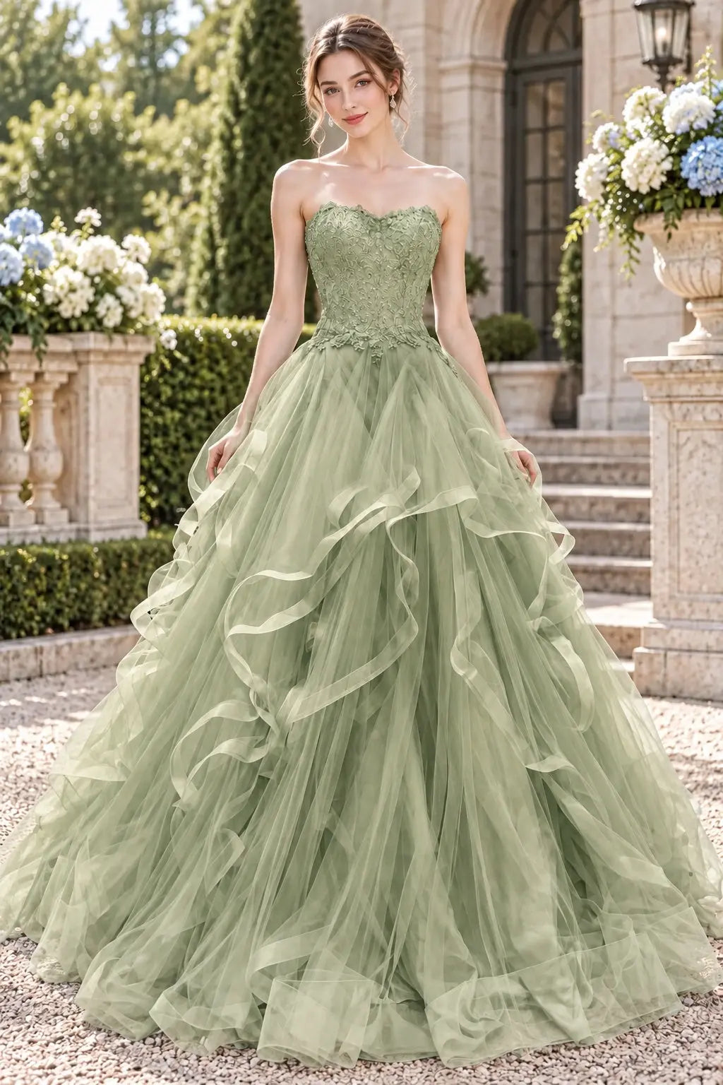 Blue Tulle Lace Long Prom Dresses Princess Layered Formal Evening Gowns