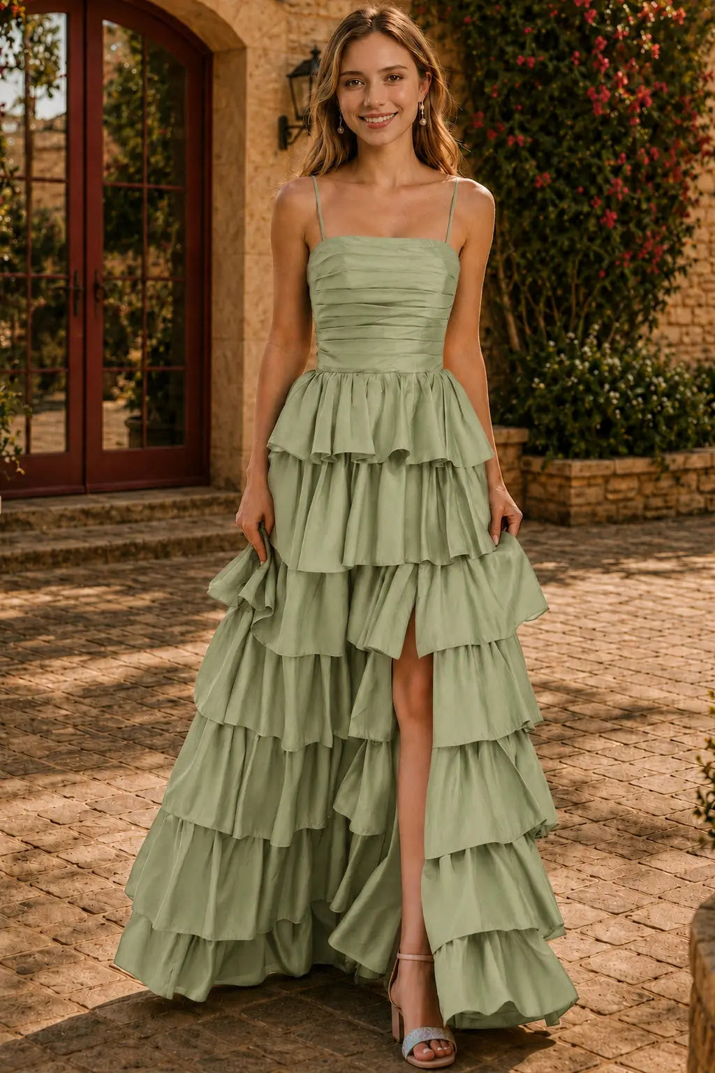 A-line Square Neckline Spaghetti Straps Floor-Length Taffeta Prom Dress with Ruffles Slit KAIDRESS