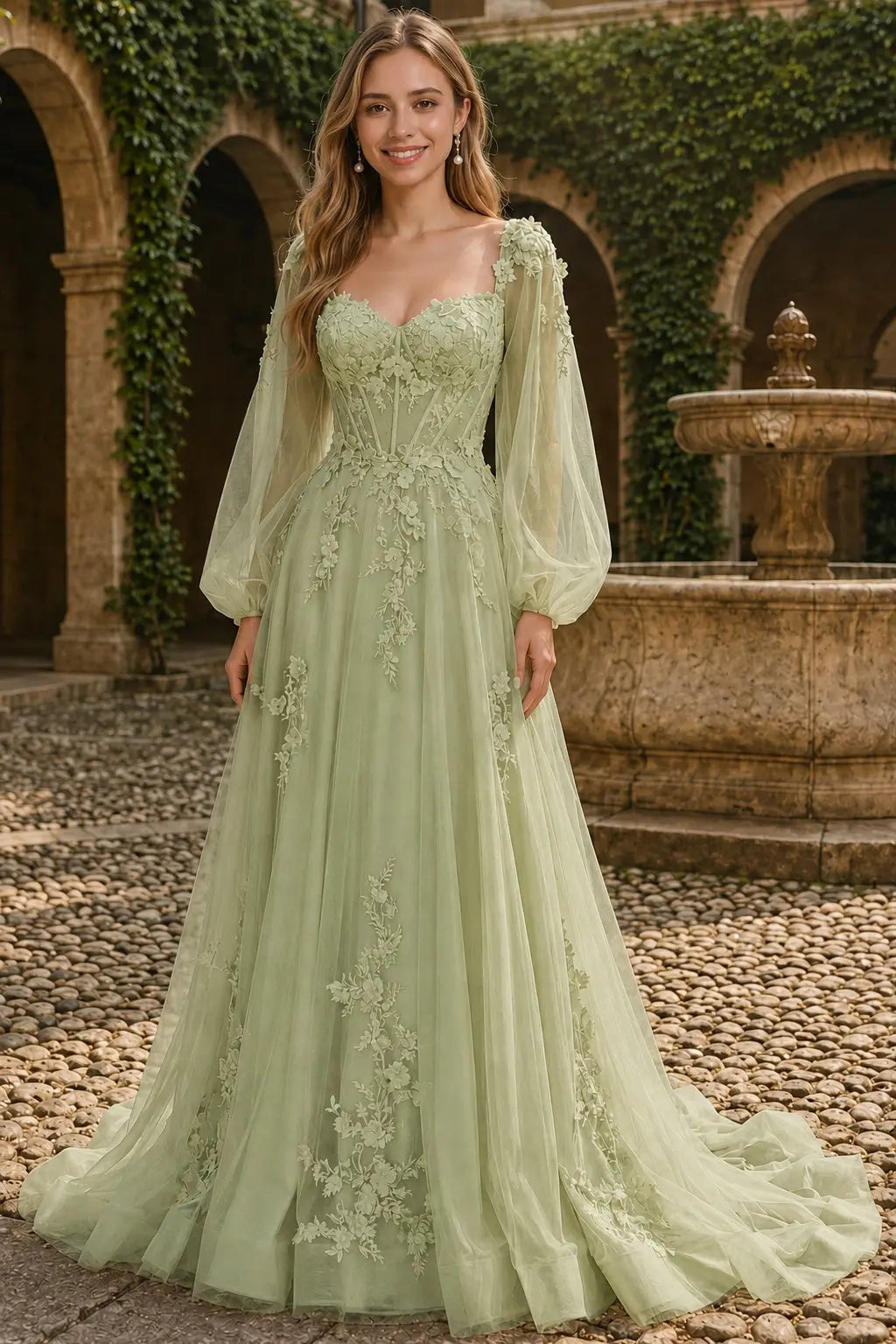 A-line 3D Floral Lace Applique Tulle Long Sleeves Prom Dress