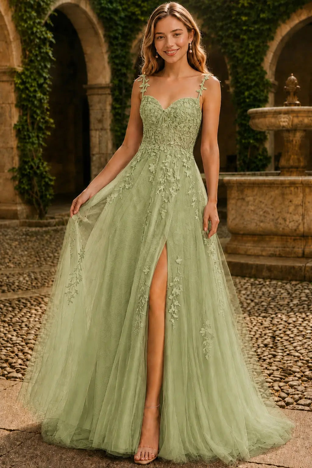A-line V Neck Sweep Spaghetti Straps Train Tulle Prom Dress with Appliqued Beading