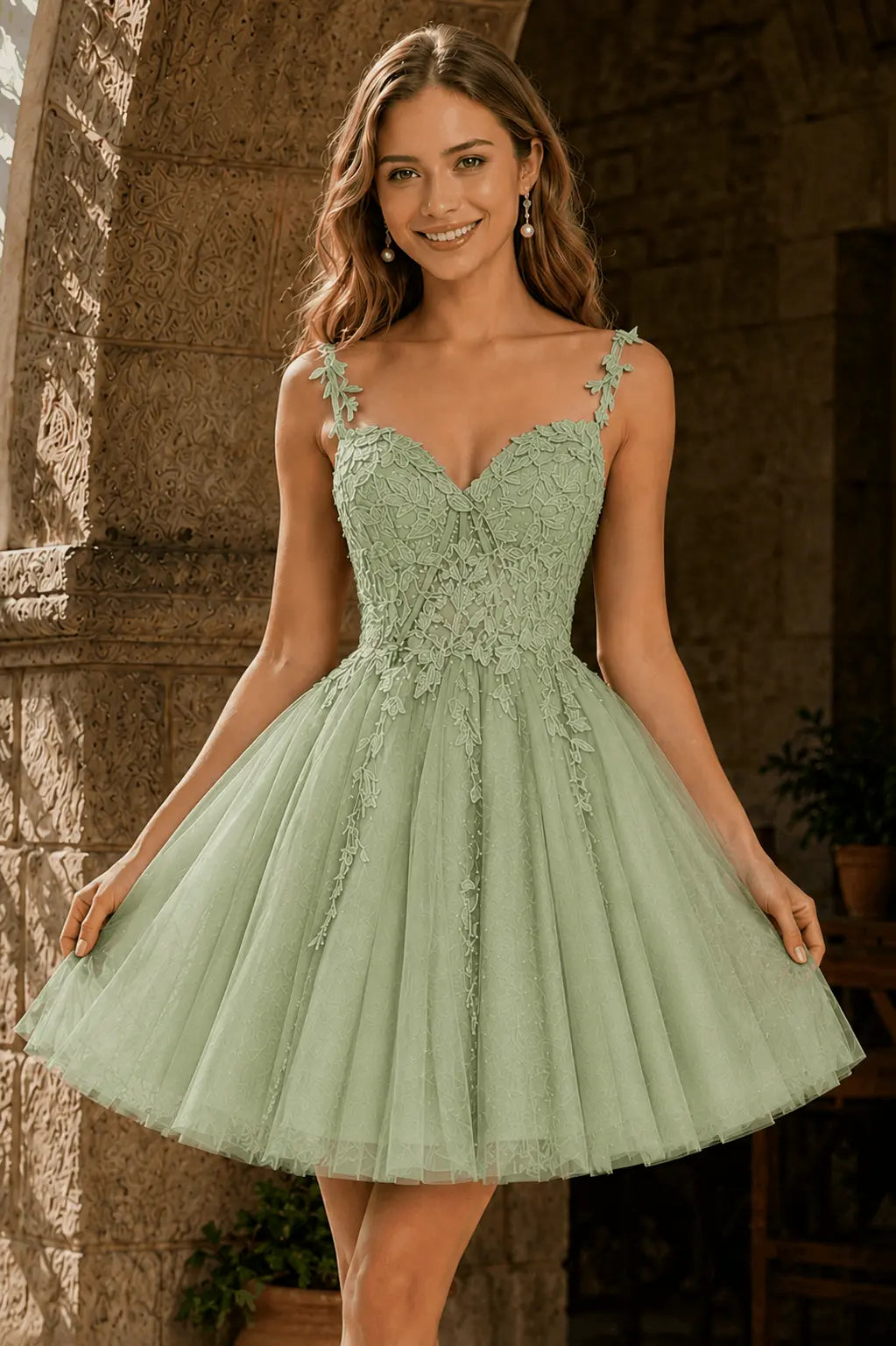 A-line V Neck Short/Mini Tulle Lace Homecoming Dress