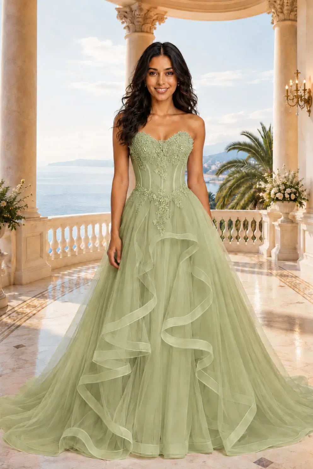 A-line/Princess Sweetheart Sleeveless Sweep Train Tulle Prom Dresses With Beading Appliqued KAIDRESS