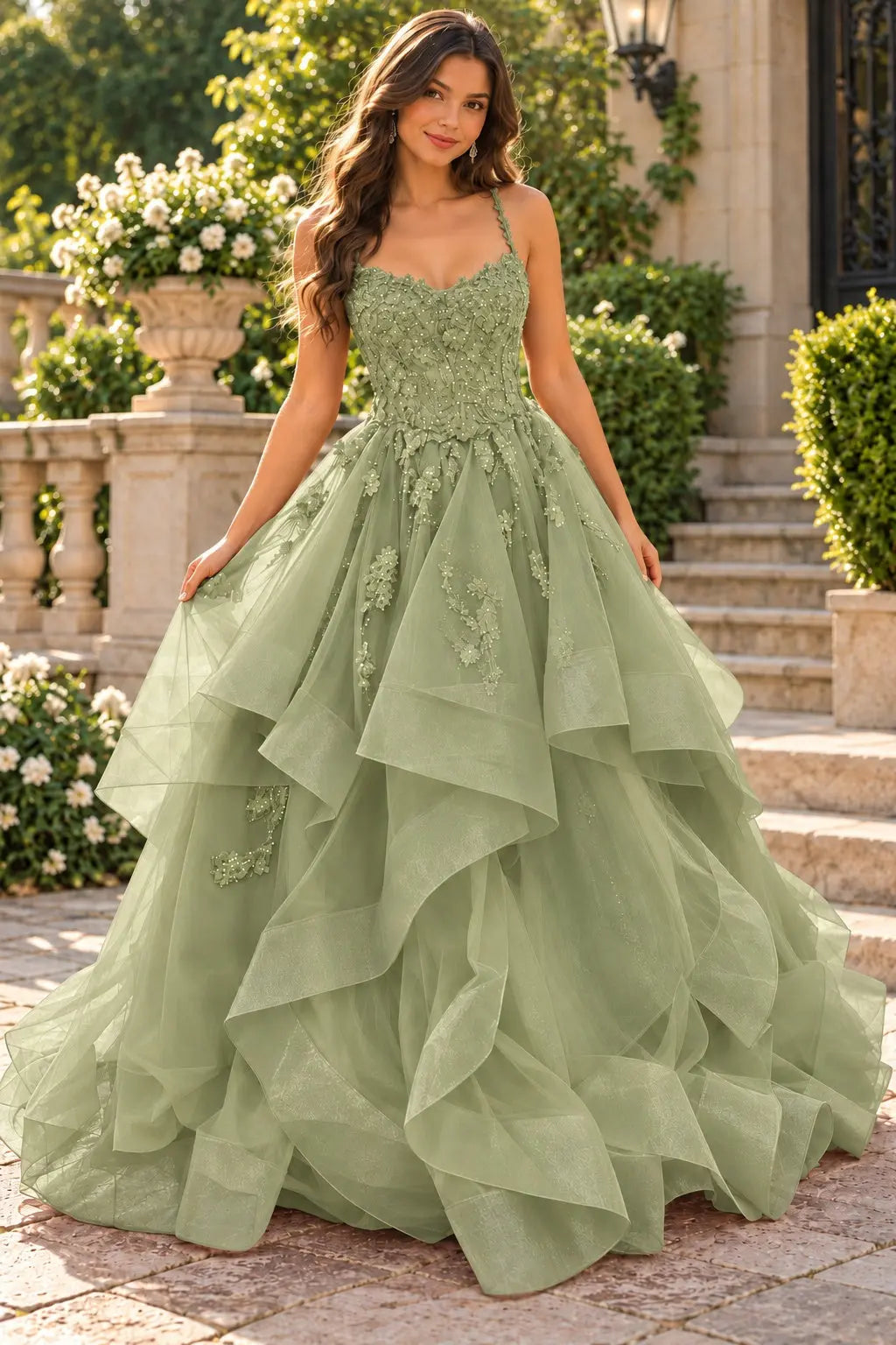 A-line Princess V Neck Floor-Length Tulle Prom Dresses with Appliqued