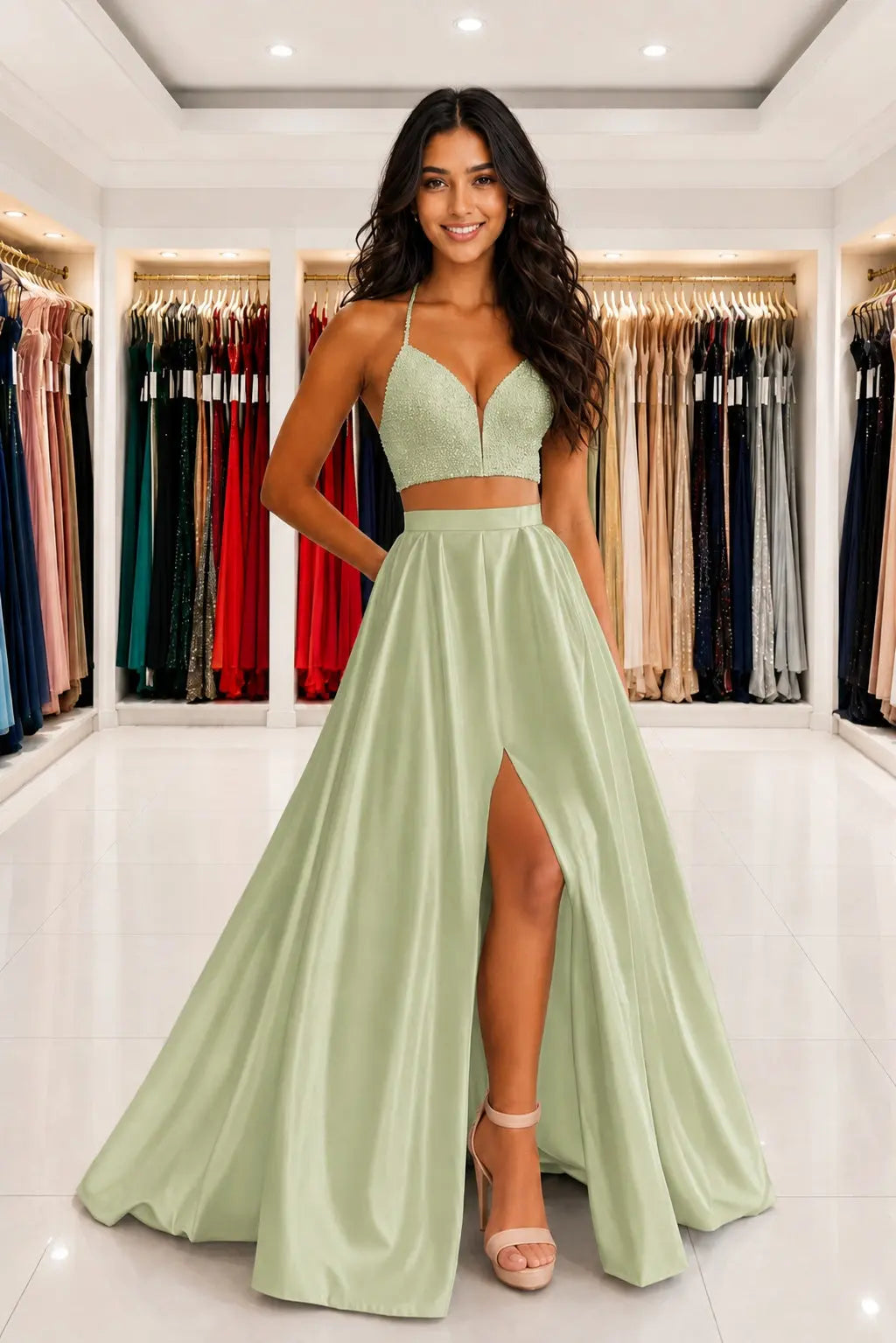 Satin Two Piece Long Modest White Prom Dress Split Formal Evening Gowns Kaidress