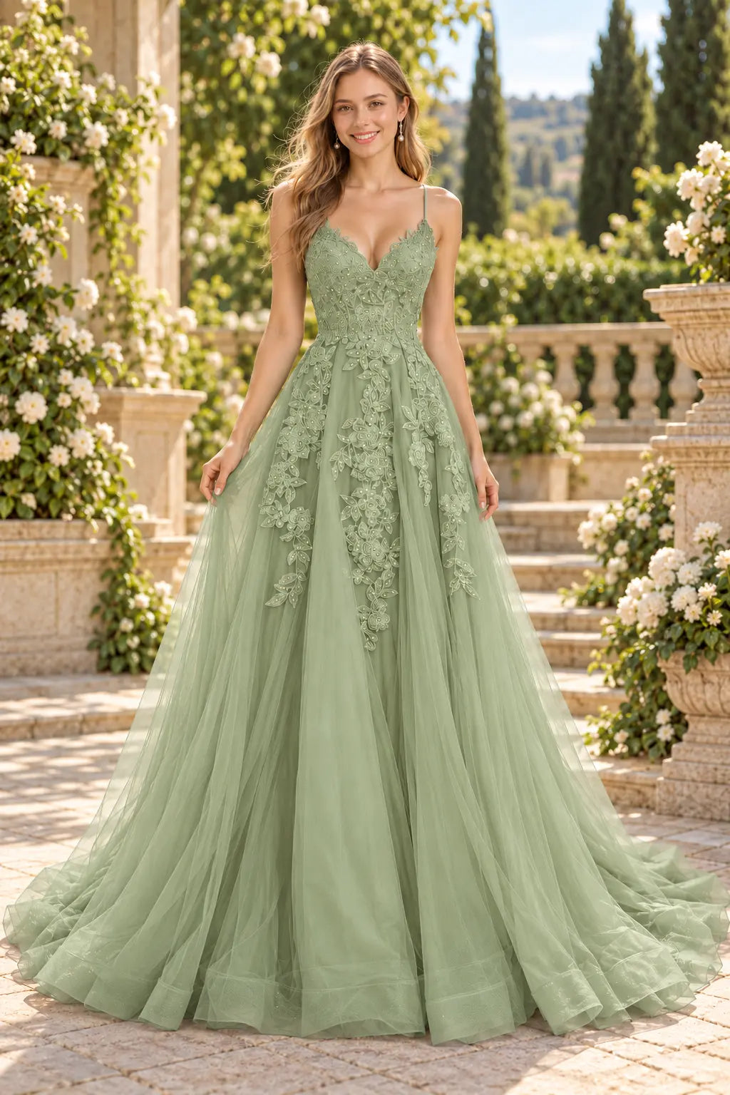 A-line V Neck Spaghetti Straps Sweep Train Tulle Prom Dress With Appliqued