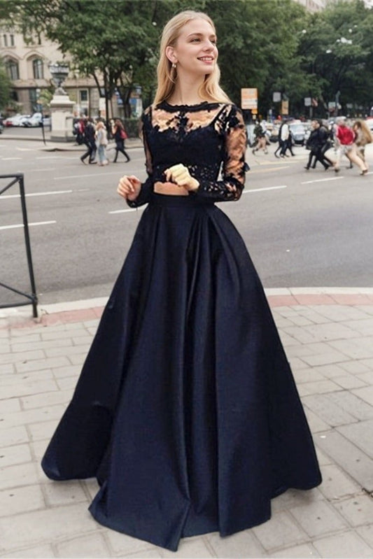 Satin Black Two Piece Prom Dresses Long Sleeve Long Evening Gowns