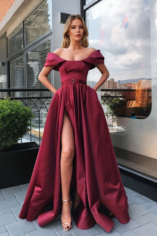 Satin Burgundy Formal Prom Dress Princess Strapless Long Evening Gowns