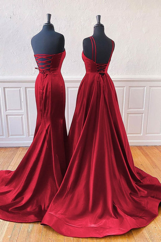 Satin Burgundy Formal Prom Dress with Slit Princess Long Evening Gowns