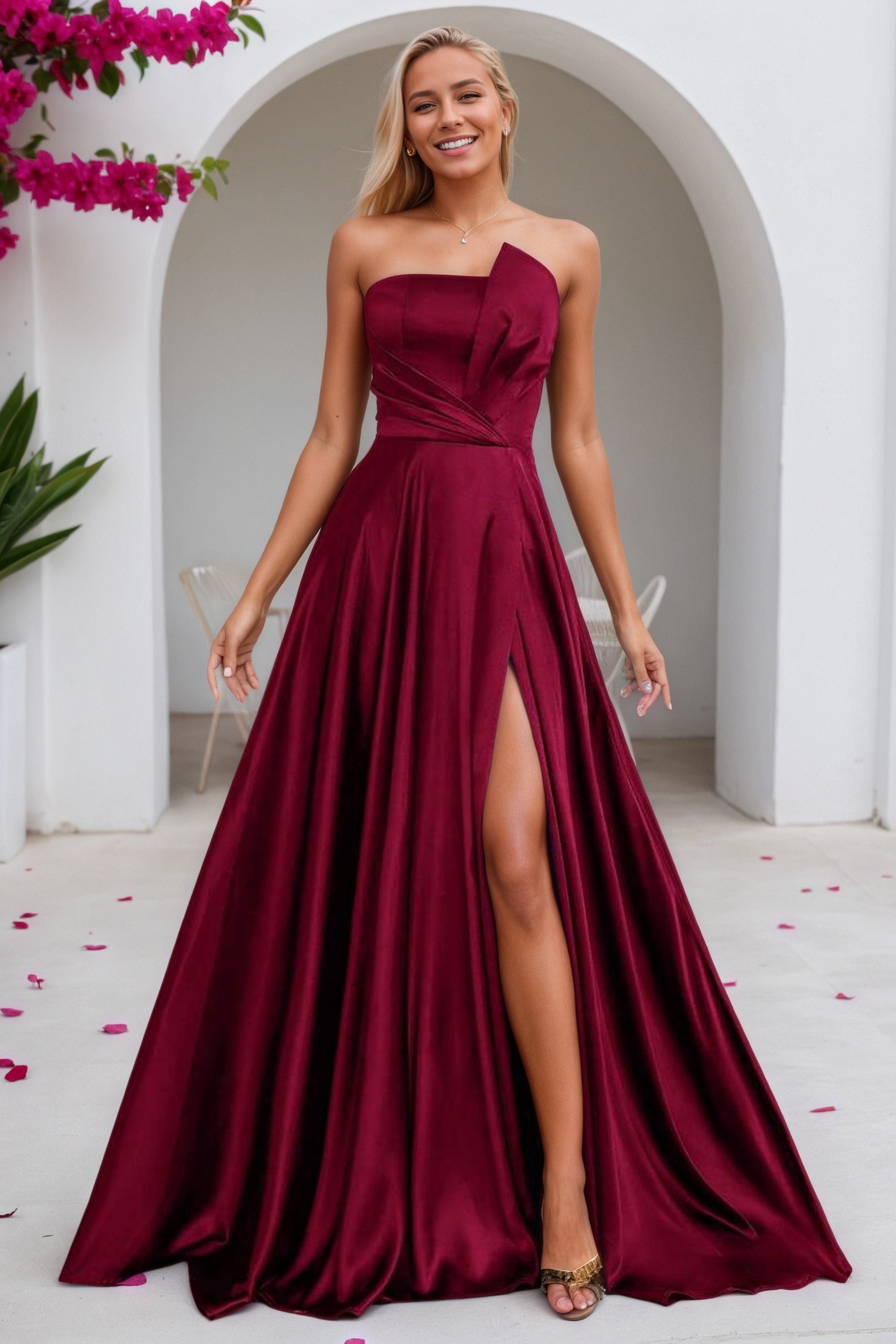 Satin Burgundy Formal Prom Dresses Simple Long Princess Evening Gowns
