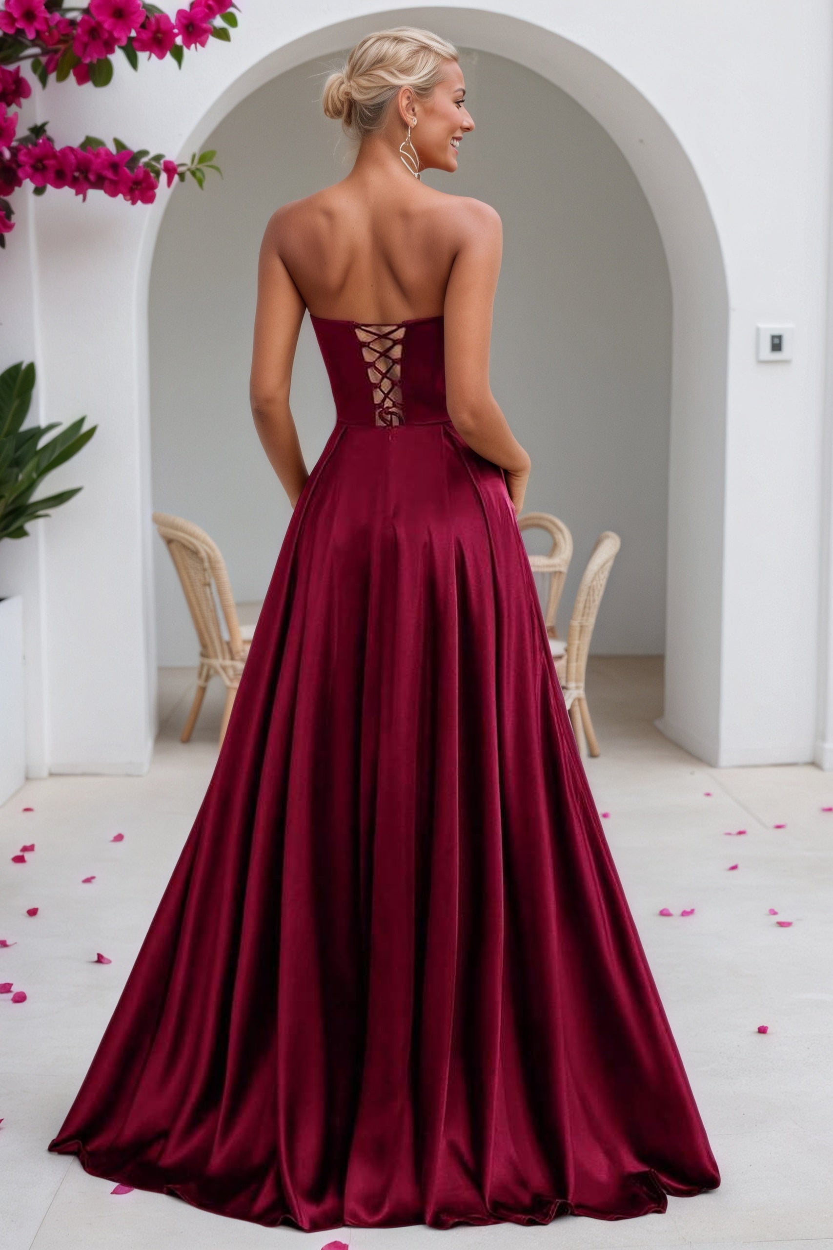 Satin Burgundy Formal Prom Dresses Simple Long Princess Evening Gowns