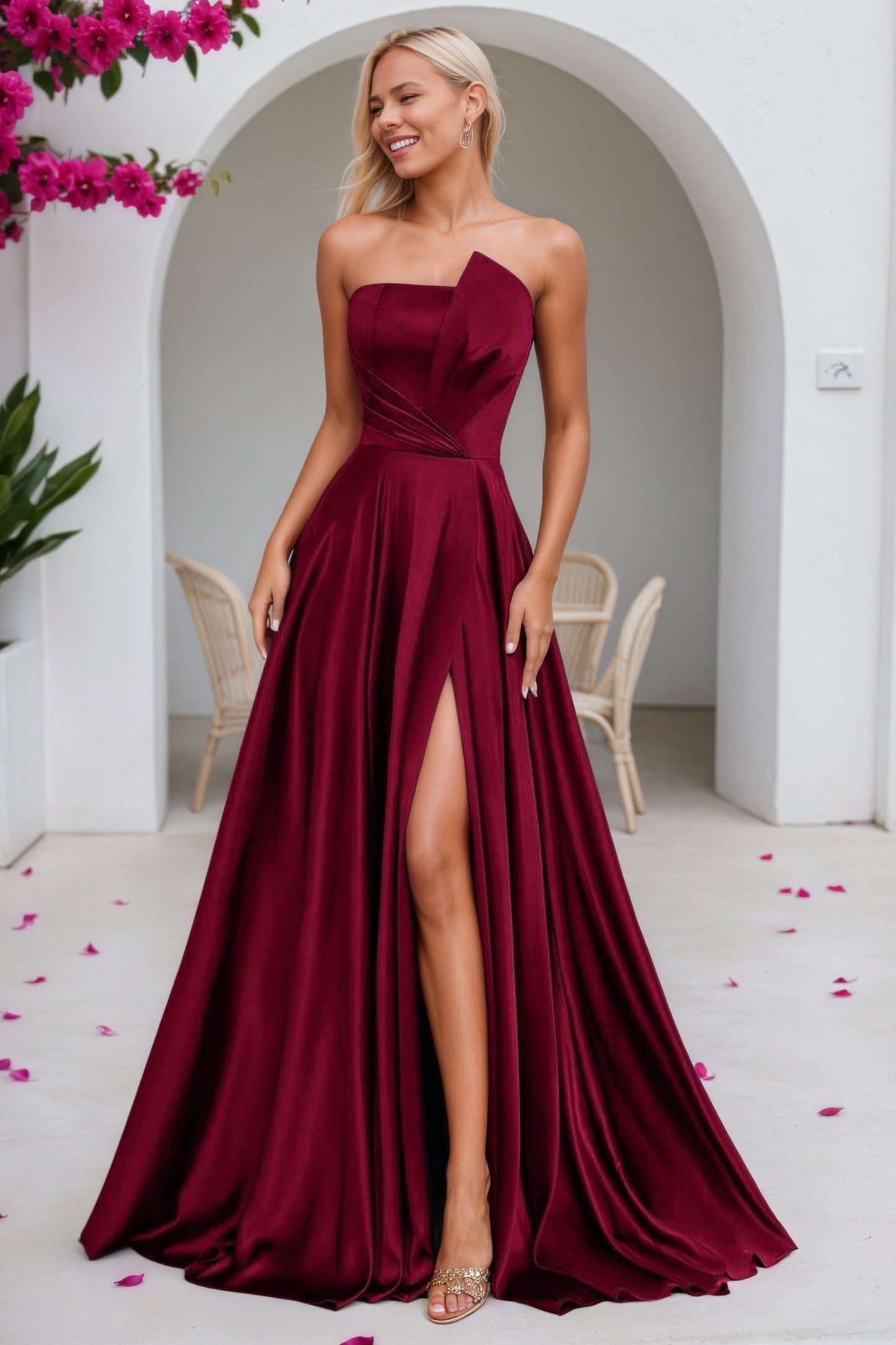 Satin Burgundy Formal Prom Dresses Simple Long Princess Evening Gowns