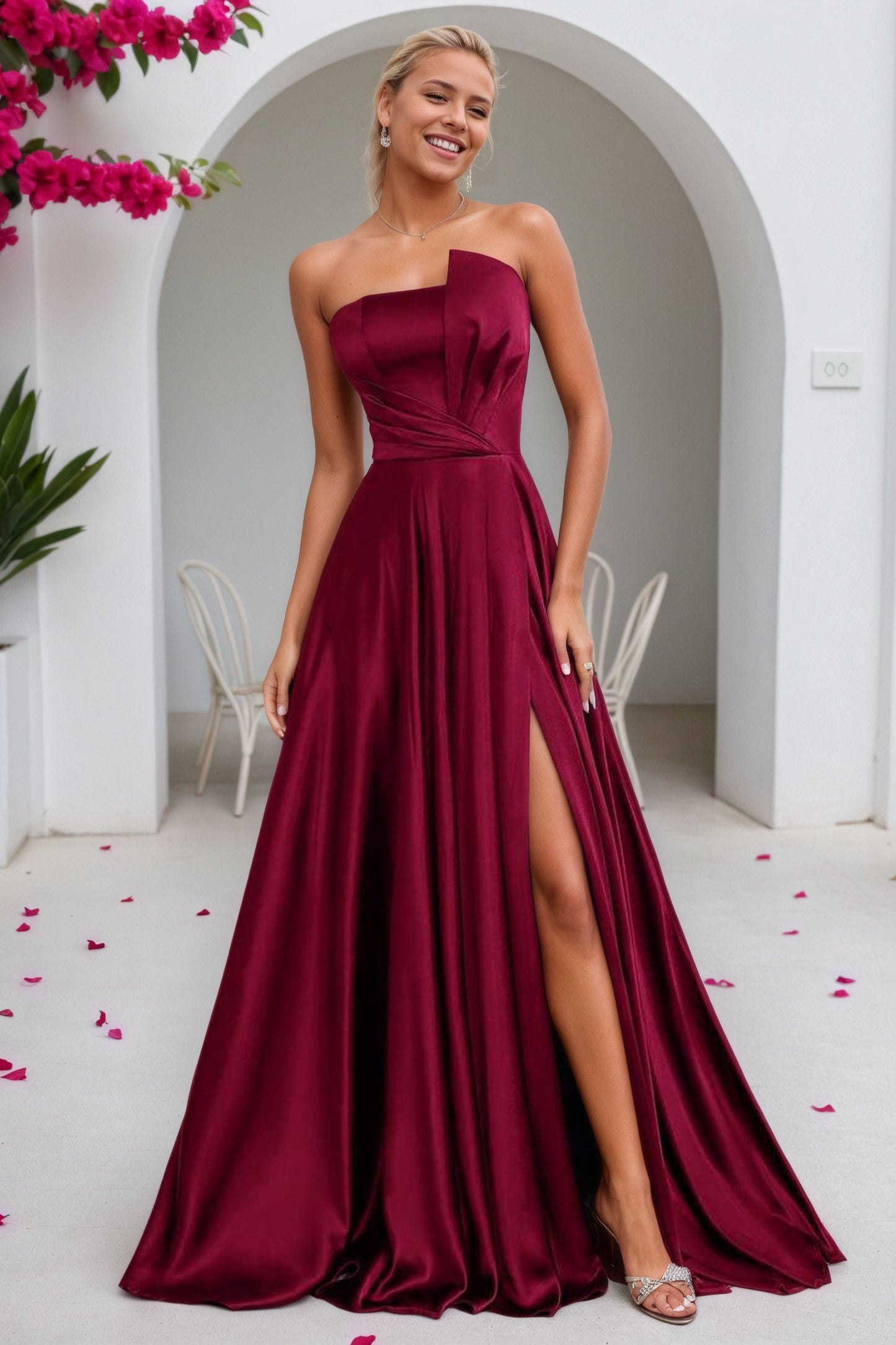 Satin Burgundy Formal Prom Dresses Simple Long Princess Evening Gowns