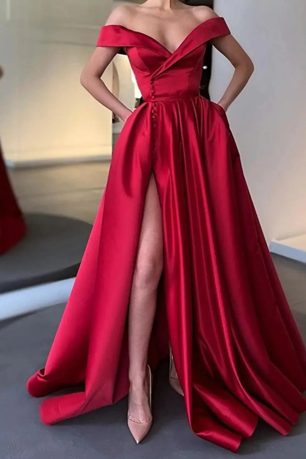 Satin Burgundy Formal Prom Dresses Slit Strapless Long Evening Gowns