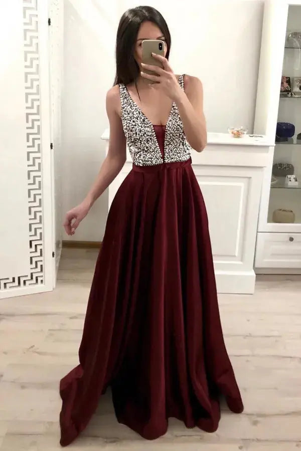 Satin Burgundy Formal Prom Dresses Sparkly Long Princess Evening Gowns