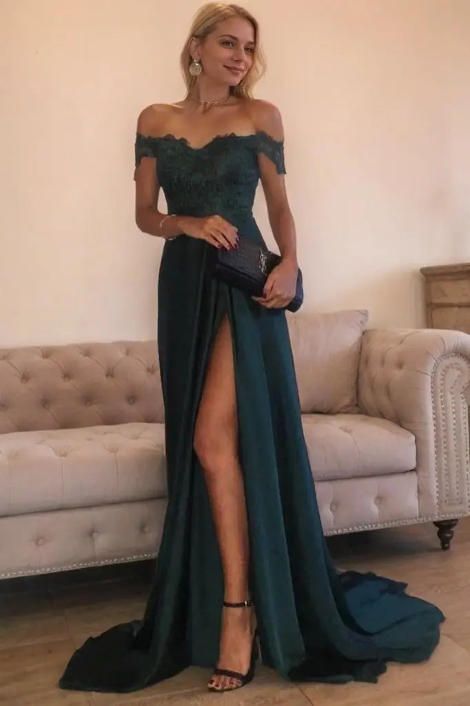 A-Line/Princess Off-the-Shoulder Sleeveless Sweep/Brush Train Lace Silk like Satin Prom Dresses