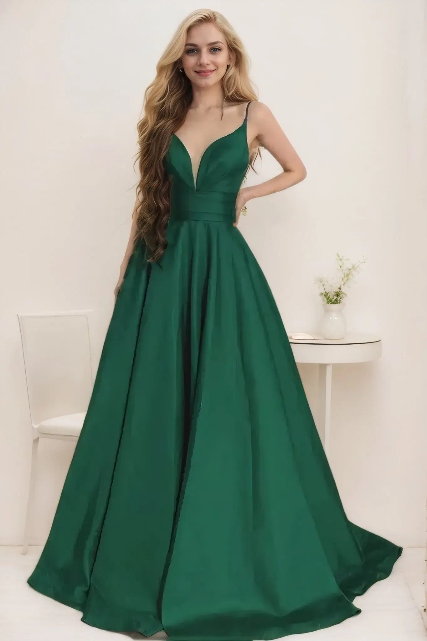 Satin Green Halter Formal Prom Dress with Pocket Modest Evening Gowns